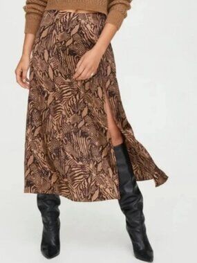 Aritzia Wilfred 100% Silk Snake Print Midi Skirt Side Slit Brown Tan Size 0